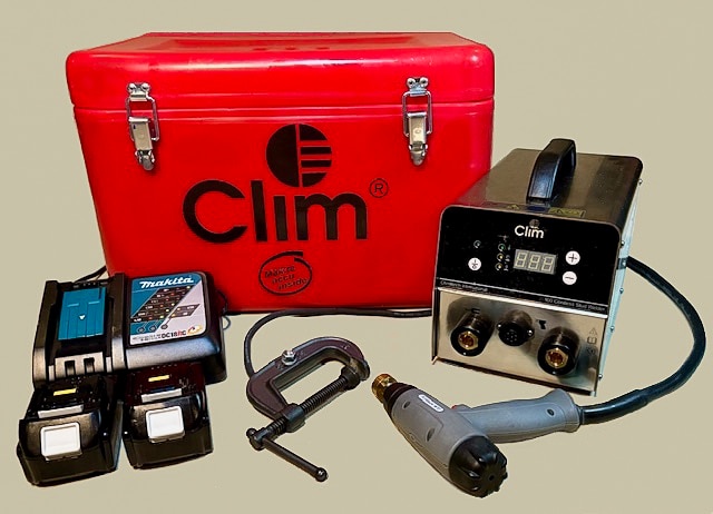 Clim toolkit with drill, battery charger, and case.