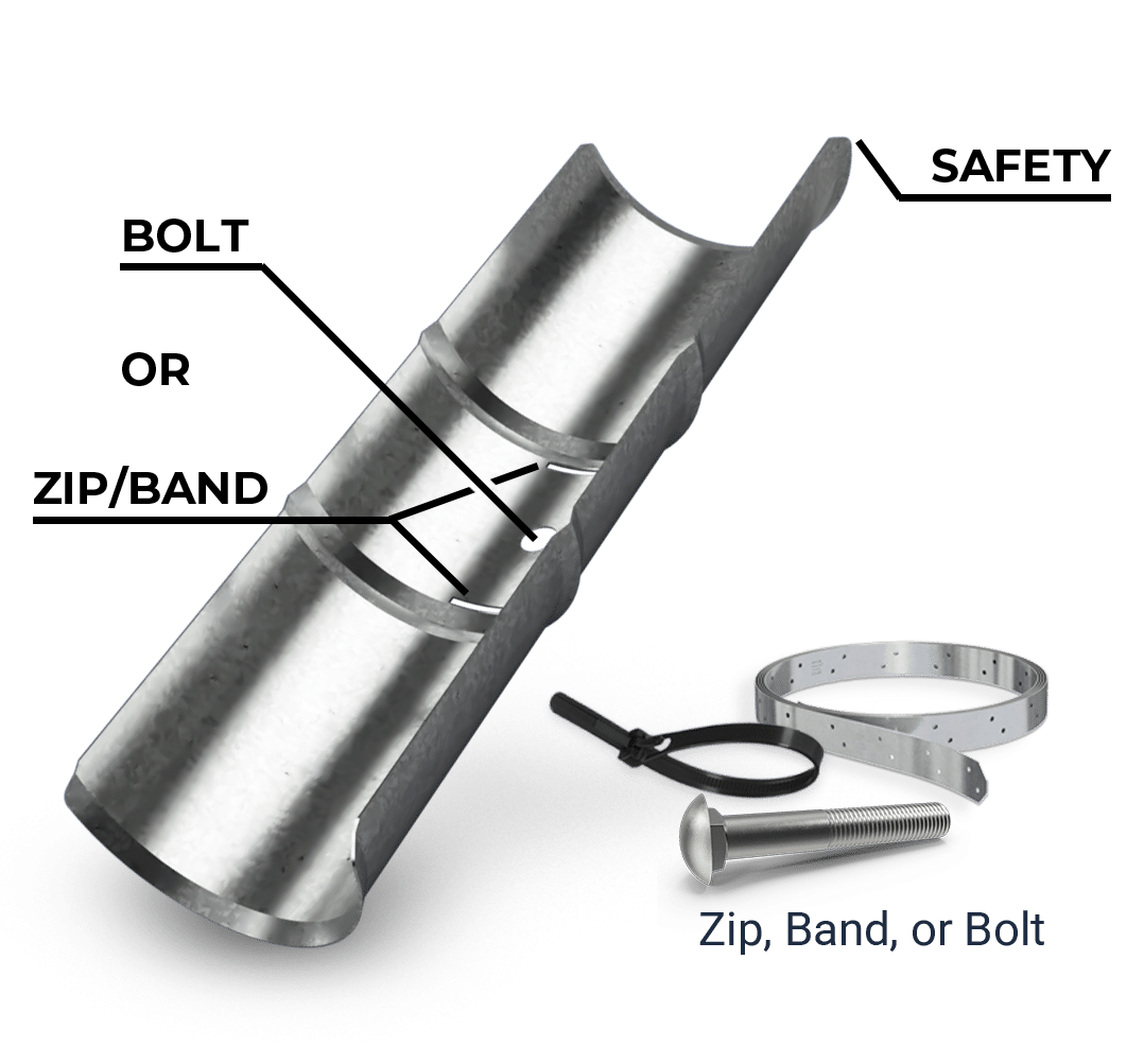 Metal pipe connector with bolt and band options.