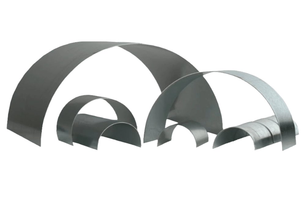 Assorted curved galvanized steel pipe straps on black background